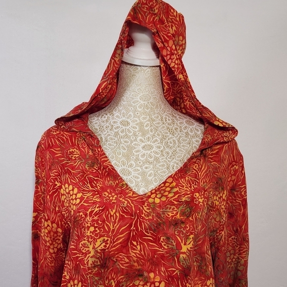 Soft Surroundings Women Orange Floral Print Hooded Pullover Roll Tab Sleeve PS - Picture 2 of 14